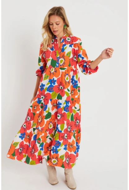 Kadın Desenli Salaş Mini Elbise Turuncu ASH23046