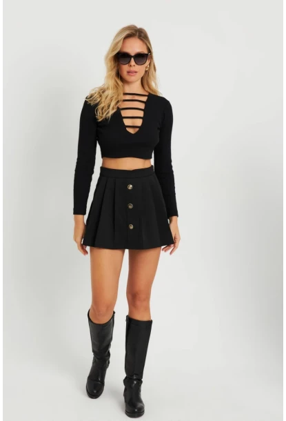 Kadın Düğme Detaylı Şort Etek Siyah KED0051