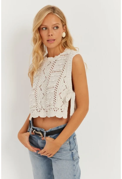 Kadın Ekru Ajurlu Bağlamalı Süveter MİW0661