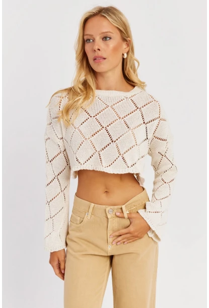 Kadın Ekru Ajurlu Kısa Triko Bluz YZ628
