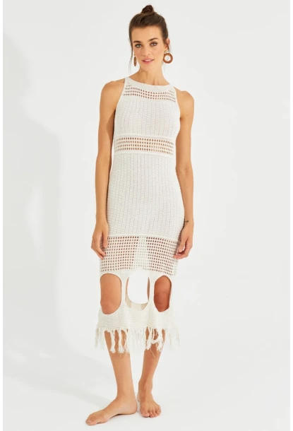 Kadın Ekru Ajurlu Maxi Plaj Elbisesi KZ521