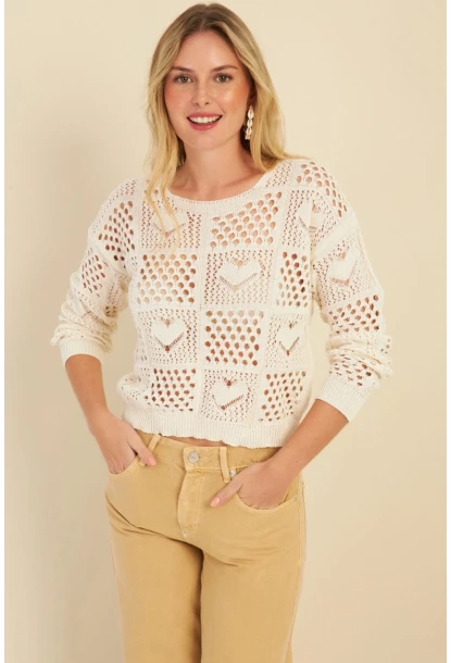 Kadın Ekru Ajurlu Triko Bluz  MZU601