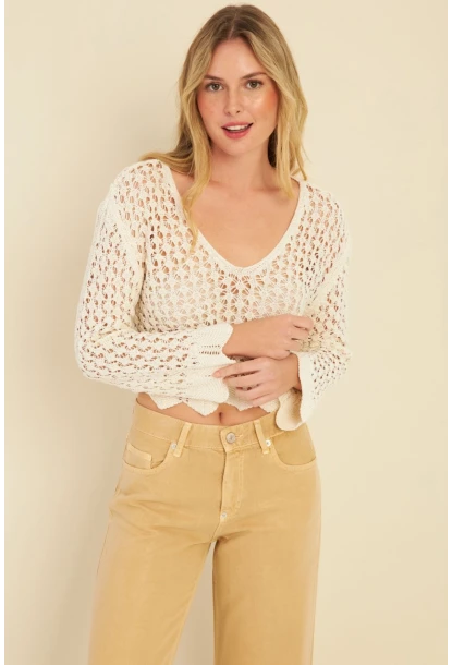 Kadın Ekru Ajurlu Triko Bluz MZU603