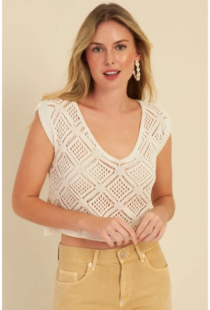 Kadın Ekru Ajurlu Triko Bluz MZU606