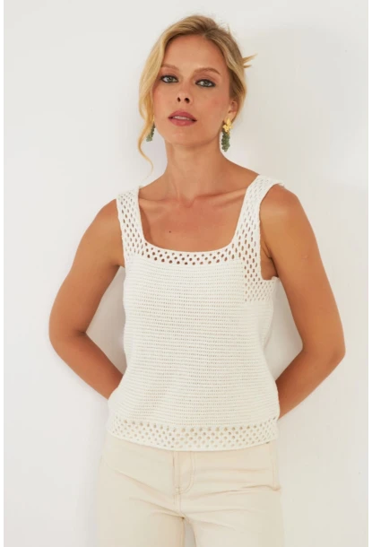 Kadın Ekru Ajurlu Triko Bluz YV258