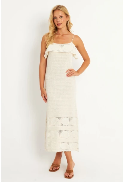 Kadın Ekru Ajurlu Triko Midi Elbise HC1569