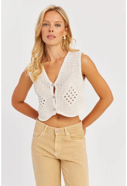 Kadın Ekru Ajurlu Triko Yelek YZ627
