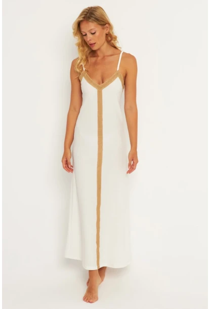 Kadın Ekru Aksesuarlı Bürümcük Midi Plaj Elbise EY2839