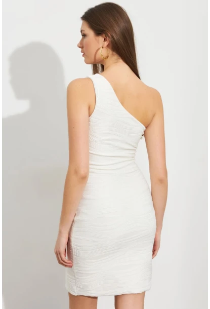 Kadın Ekru Asimetrik Yaka Astarlı Mini Elbise LİT109-1