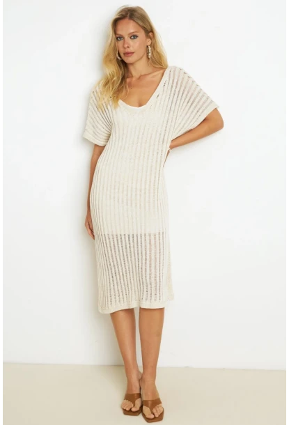 Kadın Ekru Astarlı Simli Triko Midi Elbise ET04