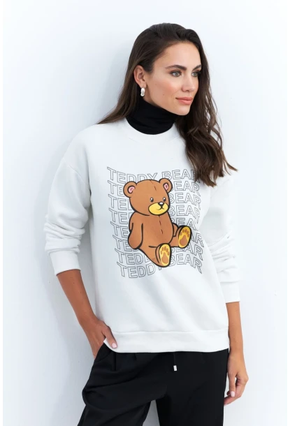 Kadın Ekru Ayıcık Baskılı Sweatshirt ZM288