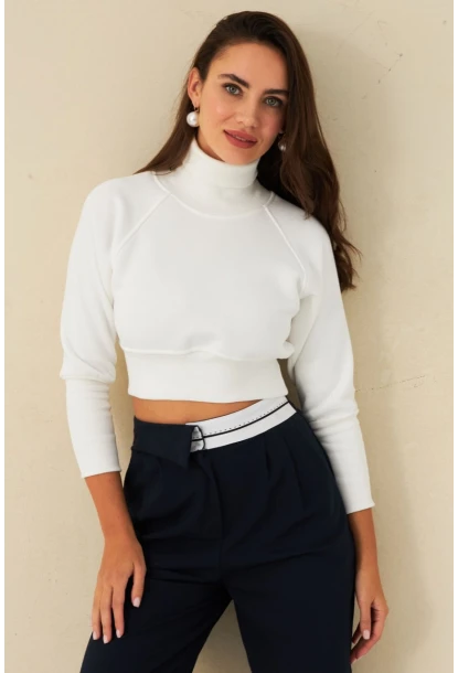 Kadın Ekru Balıkçı Crop Sweatshirt DY1469