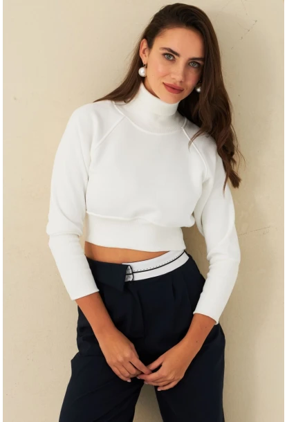 Kadın Ekru Balıkçı Crop Sweatshirt DY1469