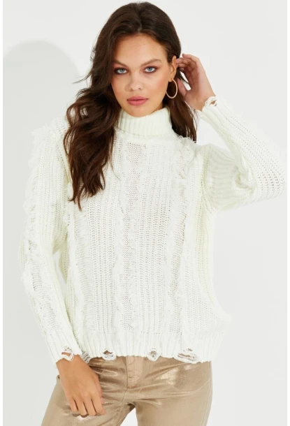 Kadın Ekru Balıkçı Yaka Püsküllü Triko Kazak KZ2471