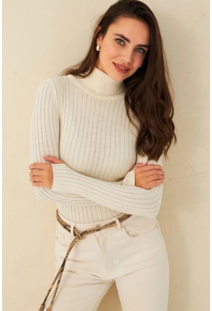 Kadın Ekru Balıkçı Yaka Triko Bluz YV102-90