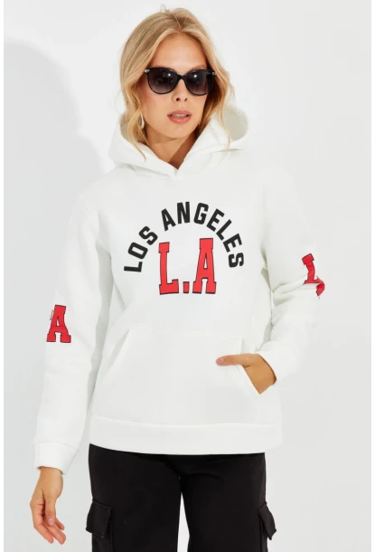 Kadın Ekru Baskılı Kapüşonlu Sweatshirt DA146