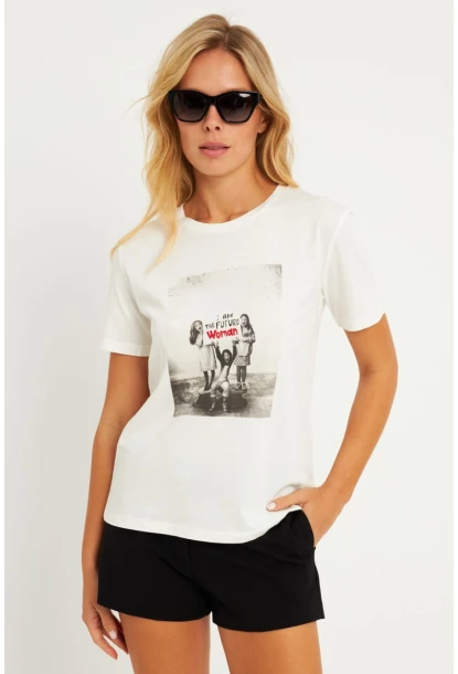 Kadın Ekru Baskılı T-Shirt AYD322