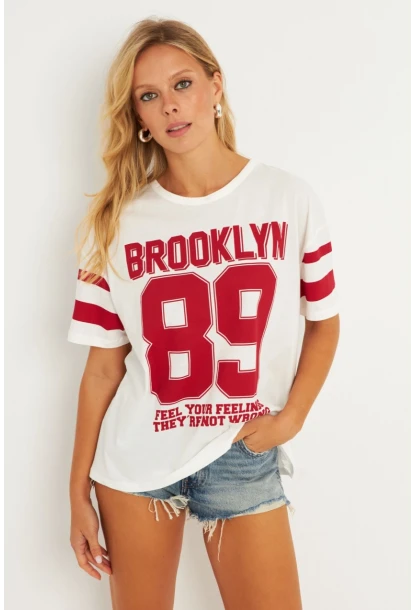 Kadın Ekru Baskılı T-Shirt AYD323