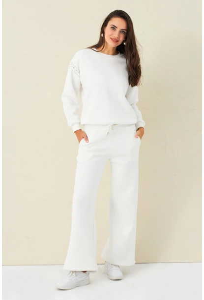 Kadın Ekru Beli Lastikli Palazzo Eşofman Altı ZM30