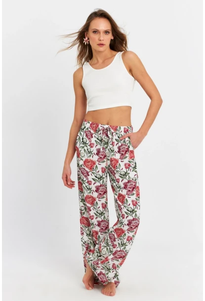 Kadın Ekru-Bordo Çiçek Desenli Pantolon FLS03