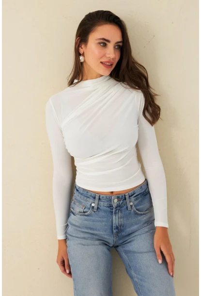 Kadın Ekru Büzgülü Bluz ELT3568