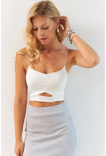 Kadın Ekru Büzgülü Crop Bluz MSH125