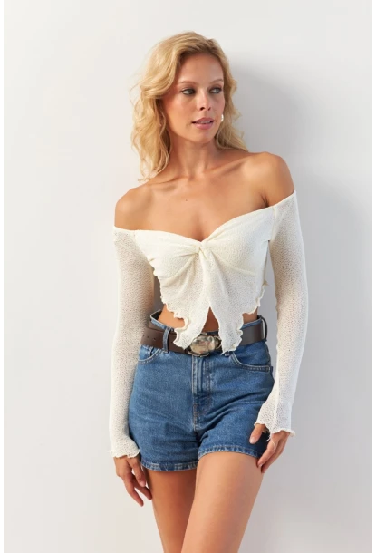 Kadın Ekru Büzgülü File Bluz OW146