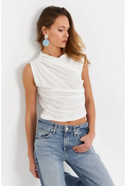 Kadın Ekru Büzgülü Kolsuz Bluz LPP1205-90