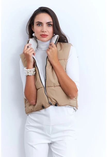 Kadın Ekru-Camel Çift Taraflı Şişme Kısa Yelek MX12