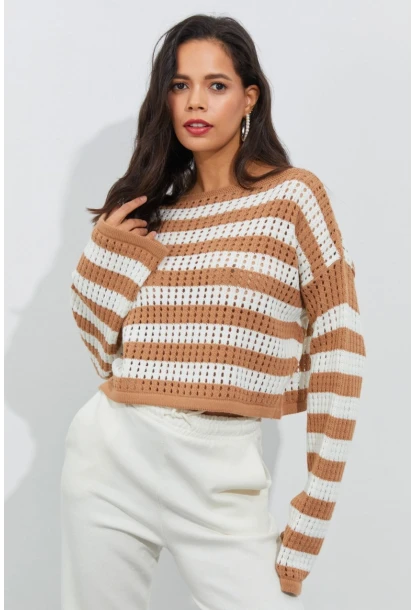 Kadın Ekru-Camel İspanyol Kol Ajurlu Triko Kısa Bluz YV109