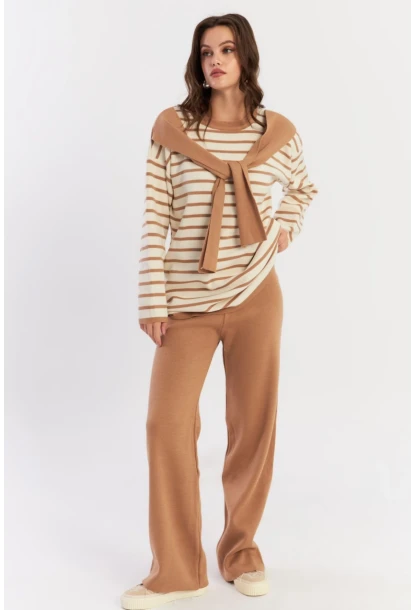 Kadın Ekru-Camel Şal Aksesuarlı Alt Üst Triko Takım NUV40