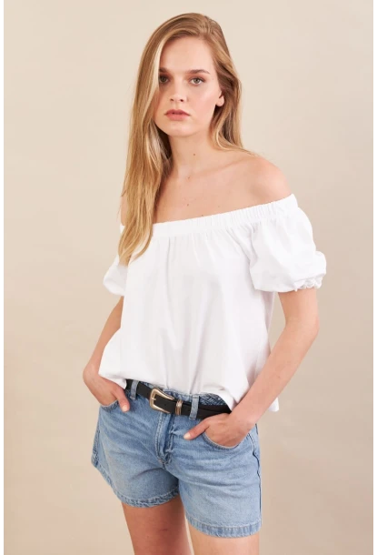 Kadın Ekru Carmen Yaka Balon Kol Bluz SAN106