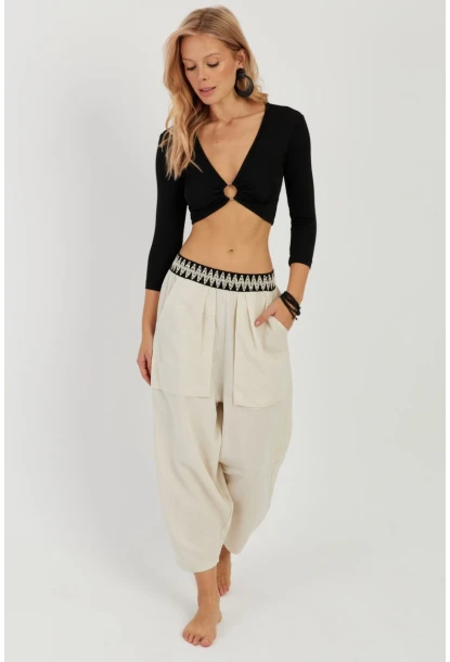 Kadın Ekru Cepli Şalvar Pantolon ÖM1203