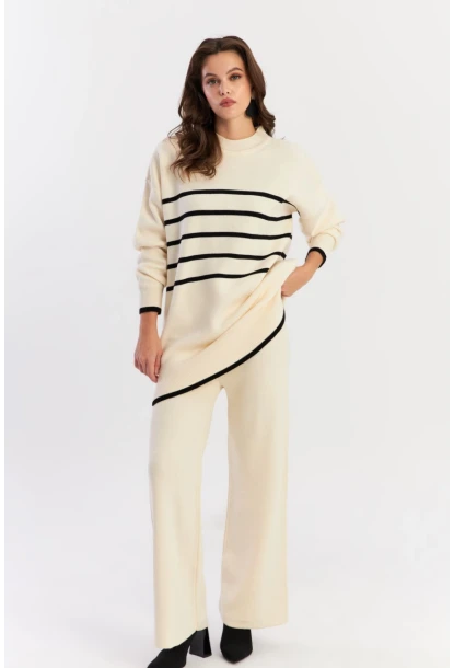 Kadın Ekru Çizgili Alt Üst Triko Takım NUV1069