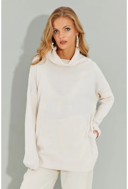 Kadın Ekru Degaje Yaka Cepli Triko Kazak YZ519
