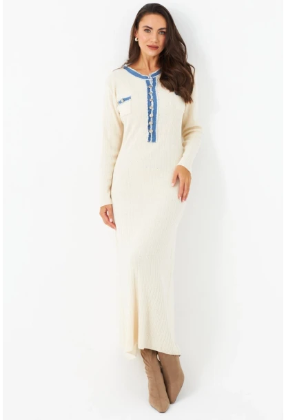 Kadın Ekru Denim Detaylı Maxi Elbise MQAS200