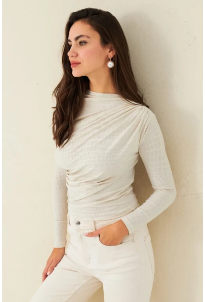 Kadın Ekru Desenli Büzgülü Bluz LPP1279