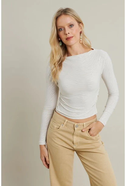 Kadın Ekru Desenli Büzgülü Bluz LPP1298