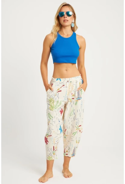 Kadın Ekru Desenli Keten Şalvar Pantolon K1253