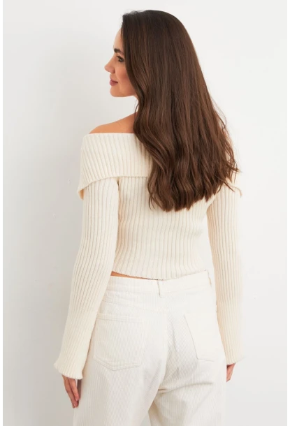 Kadın Ekru Devrik Yaka Kısa Hırka TEM103