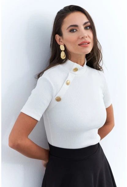 Kadın Ekru Düğme Aksesuarlı Kaşkorse Bluz EY2560