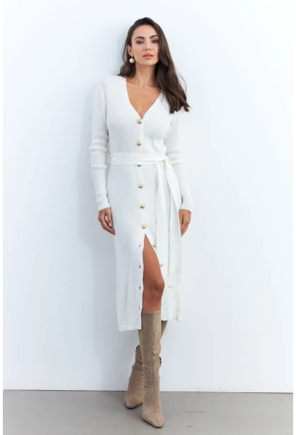 Kadın Ekru Düğme Detaylı Kuşaklı Midi Elbise MŞ1