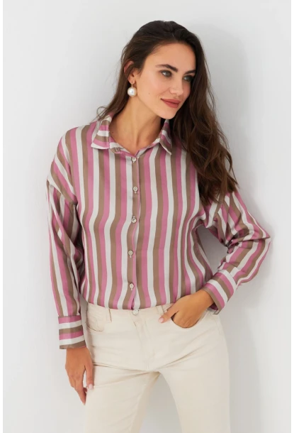 Kadın Ekru-Fuşya Desenli Saten Gömlek MSHR500