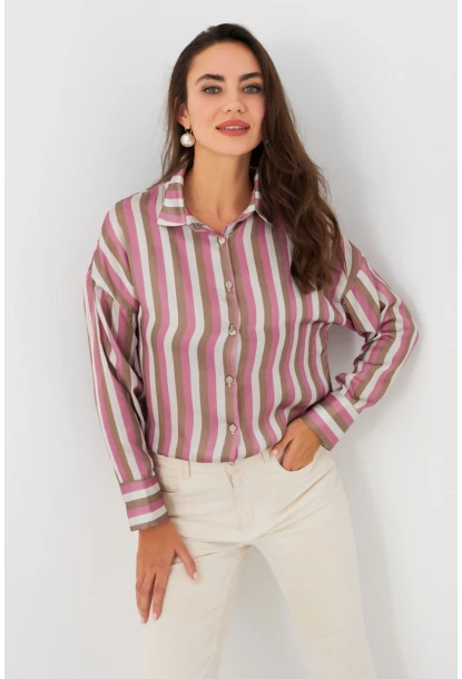 Kadın Ekru-Fuşya Desenli Saten Gömlek MSHR500