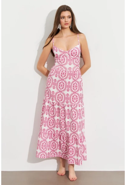 Kadın Ekru-Fuşya Sırt Dekolteli Desenli Maxi Elbise LİT110