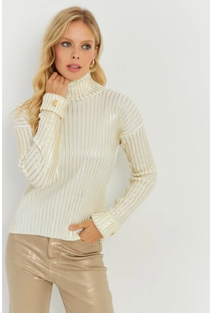 Kadın Ekru-Gold Düğme Detaylı Varaklı Triko Kazak SF2532