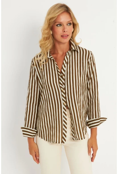Kadın Ekru-Haki Çizgili Gömlek KED709
