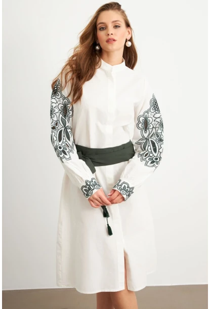 Kadın Ekru-Haki Nakış Detaylı Keten Gömlek Elbise MQS1839-90