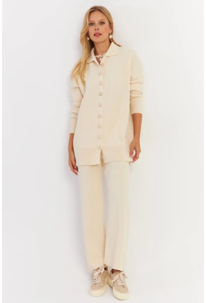 Kadın Ekru İnci Düğmeli Hırka Triko Alt Üst Takım MNUV26