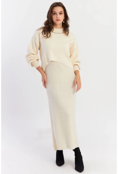 Kadın Ekru İncili Alt Üst Triko Takım NUV37